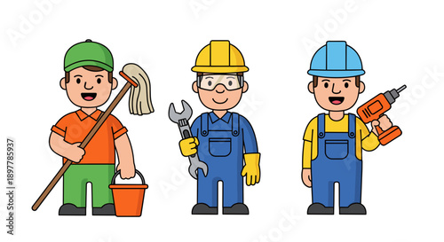 Diverse cartoon workers in uniform including a cleaner with mop and bucket a mechanic with wrench and goggles and a builder with drill