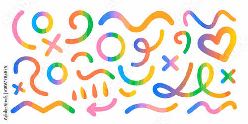 Colorful abstract doodles and shapes scattered across a white background