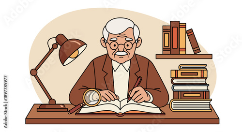 Elderly scholar with glasses and distinguished attire meticulously writing in an open book at a wooden desk illuminated by a vintage lamp surrounded