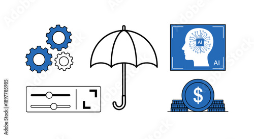 Conceptual illustration of artificial intelligence and financial security featuring gears an umbrella protecting money and a blueprint of a human head