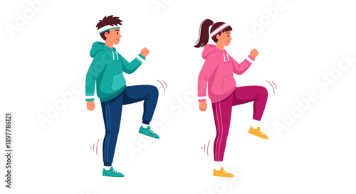 Active young man and woman in colorful sportswear performing high knee exercises with energetic movements promoting healthy lifestyle and fitness
