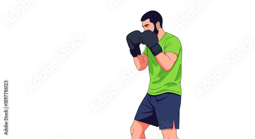 Muscular man with beard and boxing gloves in fighting stance practicing martial arts or combat sports isolated on white background dynamic illustration