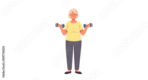Elderly woman with blonde hair performing bicep curls with dumbbells wearing a yellow t shirt and grey pants isolated on white background