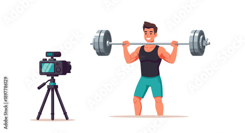 Athletic man with muscular physique performing barbell squats for fitness video recording with a professional camera on tripod demonstrating strength