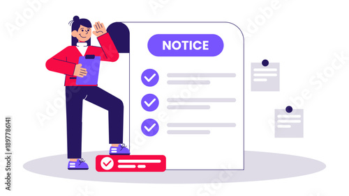 Woman standing next to a large notice board with check marks representing task completion and announcement