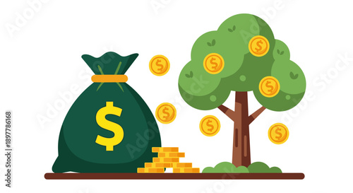 Money tree with falling gold coins next to a large green money bag overflowing with cash symbolizing financial growth investment and wealth accumulation