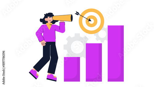 A woman looking through a telescope towards a target with growth bars and gears