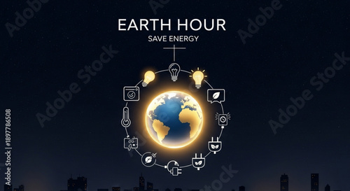 Earth hour save energy concept with globe and icons on dark background