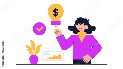 A woman standing next to a glowing light bulb with a dollar symbol representing a profitable business idea