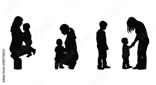 Silhouettes of mother and child in various tender moments and stages of growth on white background