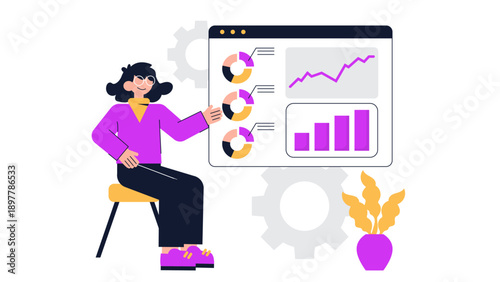 A professional woman presenting financial data and investment growth on a large digital dashboard