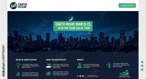 Earth hour campaign webpage with cityscape at night and environmental awareness information