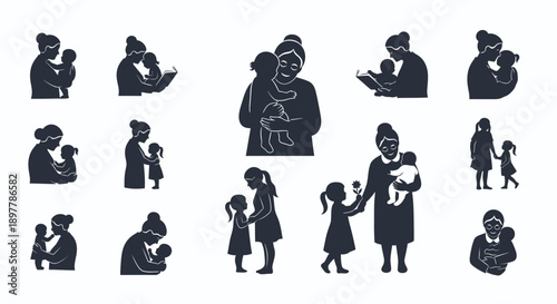 Mother and child silhouettes in various poses and emotions on white background