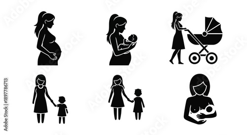 Black silhouettes of pregnant women mothers with babies and children family moments parenthood icons