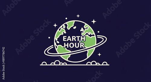 Earth hour logo on green globe with white ring and stars on dark blue background