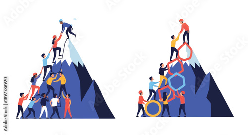 Teamwork and collaboration illustrated with people building structures on mountains