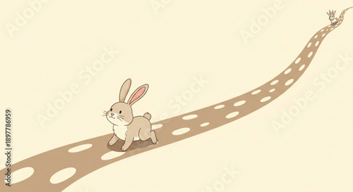 A curious rabbit follows a winding film strip trail leading to a carrot on a beige background