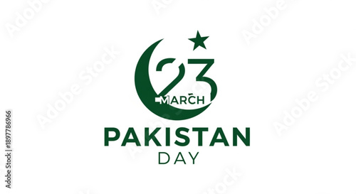 Pakistan day logo with crescent moon star and date 23 march in green on white background