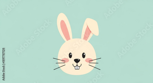 Cute cartoon bunny face with pink ears and rosy cheeks on a light blue background smiling sweetly