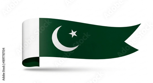 Waving pakistani flag with white crescent moon and star on green background