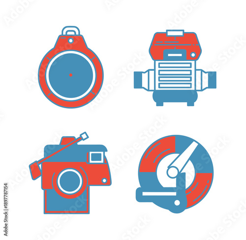 icons of a watch camera and other tools on white background