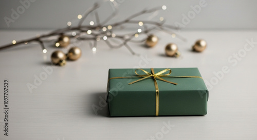 A beautifully wrapped green gift box with golden ribbon on a white surface surrounded by festive decorations and twigs with golden baubles