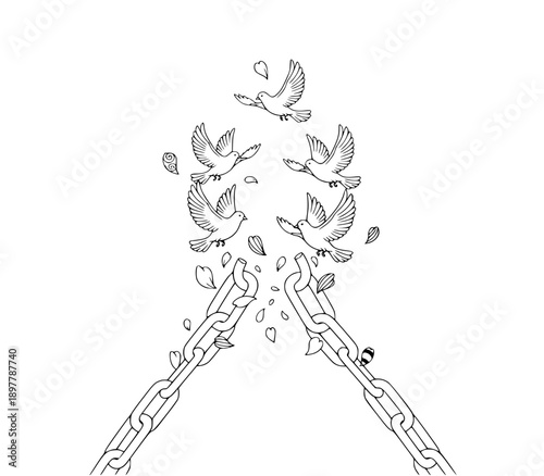 Breaking the Chain of Oppression for Freedom Illustration, Doves Flying from Broken Metal Links, Concept of Liberty Peace and Human Rights Line Art