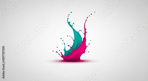 Vibrant pink and teal liquid splash illustration on white surface from overhead viewpoint