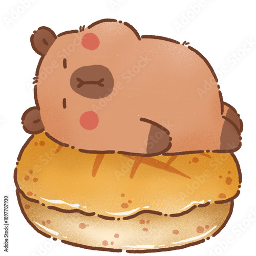 Cute capybara resting loaf of bread, showcasing whimsical and playful design. soft colors and adorable expression evoke sense of joy and comfort