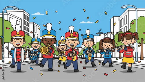 A group of diverse children in a marching band parade, playing musical instruments with confetti falling on a city street.