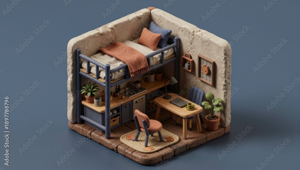 Obraz premium Miniature isometric dorm room featuring a bunk bed desk and kitchenette