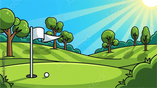 A cartoon illustration of a golf course with a flag, ball, trees, and sunny sky.