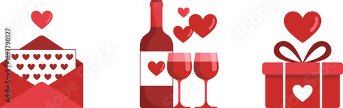 Valentine icon set, love envelope, wine bottle, romantic gift box, red hearts theme, celebration symbols, romantic holiday vector illustration