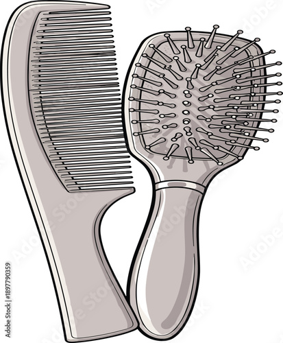 Hair comb and brush vector illustration set showing grooming accessories, beauty care tools design, realistic cosmetic equipment isolated on white background