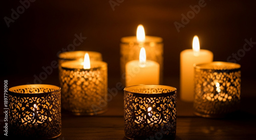 A serene scene of lit candles in ornate holders, viewed from the front, on a dark background, creating a peaceful ambiance
