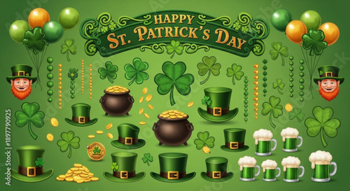 Vibrant St. Patrick's Day celebration with festive hats, shamrocks, and gold coins in a lively green environment