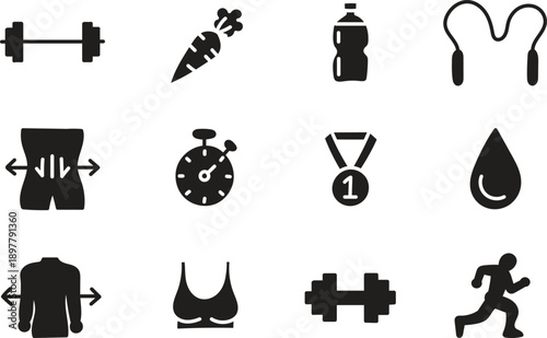 Fitness and healthy lifestyle icon set with dumbbell running nutrition hydration sportswear and workout symbols isolated on gray background for gym training and wellness design