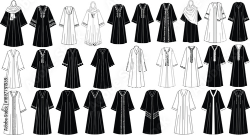 Variety of elegant Abaya designs and matching hijabs in line art, showcasing different sleeve types, necklines, and embroidered embellishments