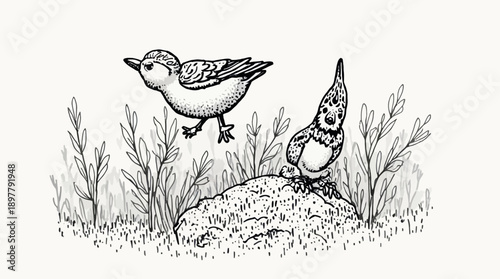 Black and white illustration of two tiny birds in a natural grassland habitat