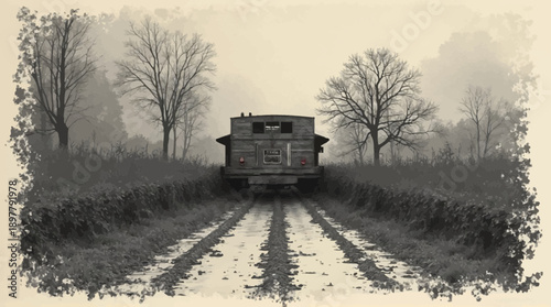 A wooden vehicle travels a muddy rural road through a barren landscape