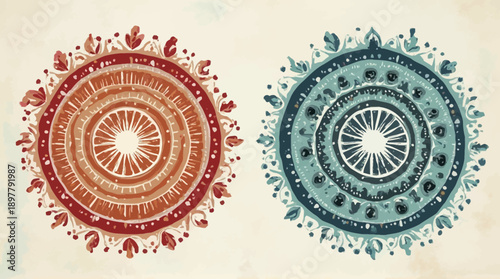 Two decorative mandalas featuring intricate floral and tribal patterns in warm and cool colors.