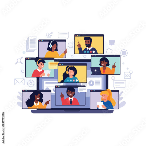 Cartoon illustration of diverse people on video calls displayed on multiple computer screens with a cute and modern design against a clean white background.