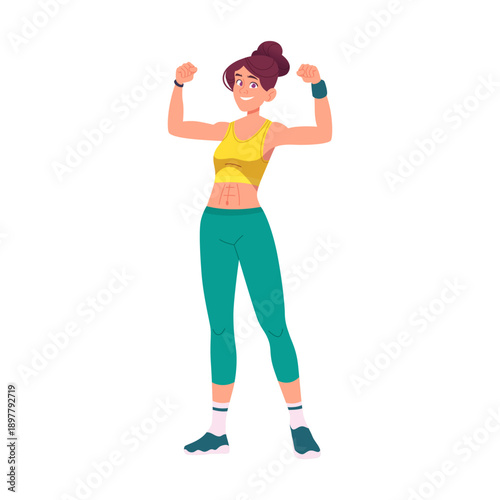 Woman smiling broadly while flexing muscles after energetic training session