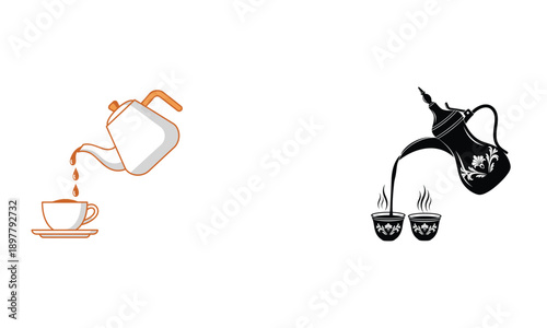 Teapot pouring hot tea or coffee into a cup on a saucer. Black and white silhouette icon, simple graphic vector illustration for a cafe menu.