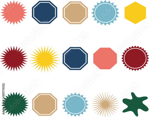 Colorful geometric shape icons set featuring stars, badges, seals and abstract forms for labels, stickers and graphic design use