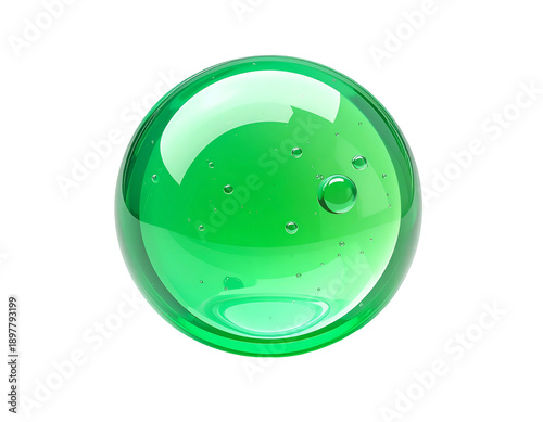 A glossy, clear, green sphere with internal bubbles floats against black