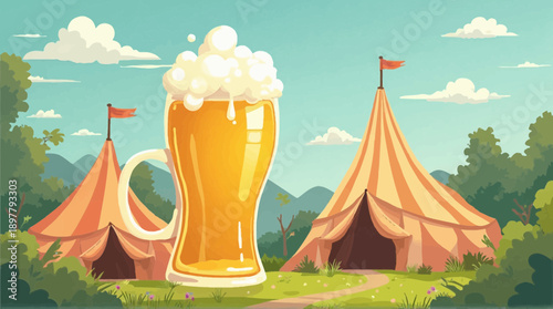 Giant foamy beer mug stands between two striped festival tents in a vibrant outdoor setting.