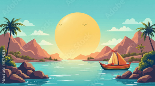 Tropical sunset over ocean with sailboat and palm trees vector illustration