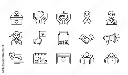 Charity and fundraising line icon set vector illustration