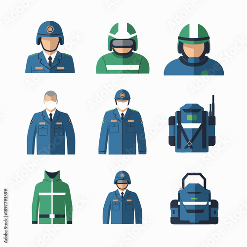 Collection of Emergency Responders and Equipment Icons.